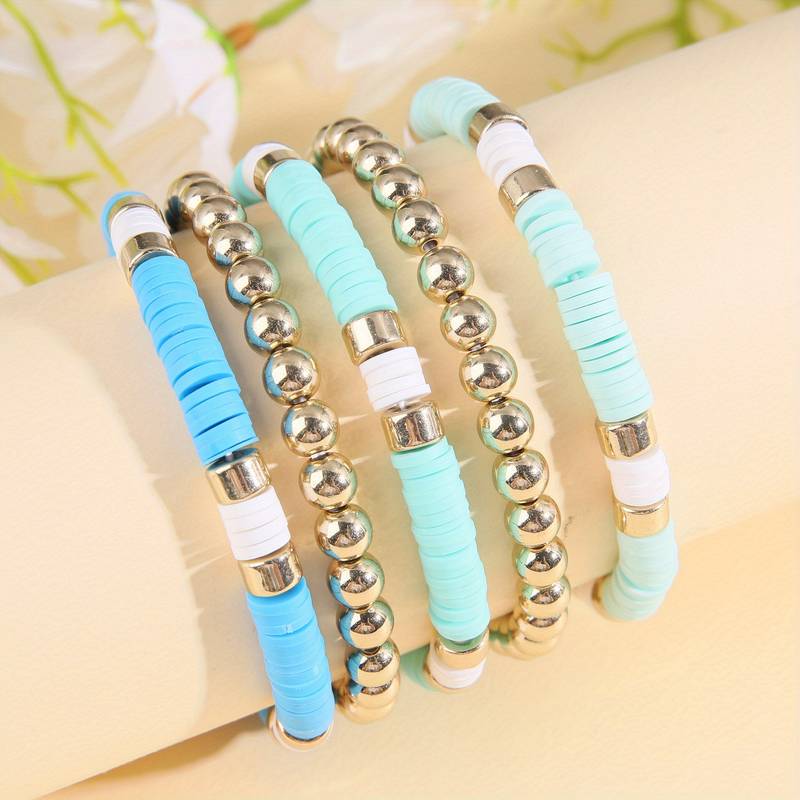 5Pcs/Set Colorful Soft Pottery Piece Beads Bracelet Summer Style Colorful Sticky Beads Stretch Stacking Bracelet Jewelry, Jewels for Girls Women